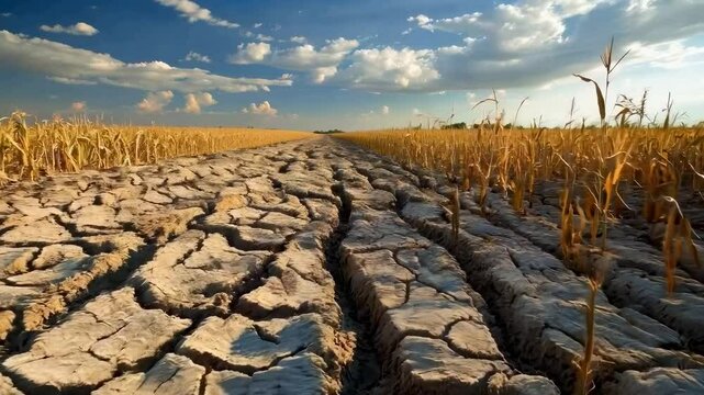 Low-angle video of cracked, dry earth in a cornfield under a vast sky, highlighting drought effects and environmental concerns. Live desktop wallpaper.
