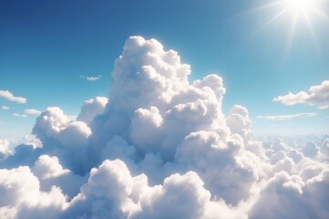 Bright sun shines above fluffy cumulus cloudscape.