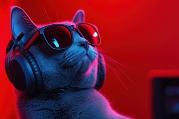 Naklejka premium Cat wearing sunglasses and headphones in neon light