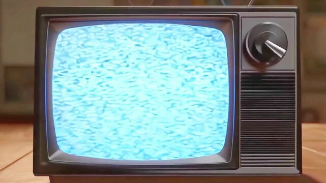 4K animation of old retro television turning on with static noise, blue screen fuzz, and analog switch knob movement, perfect for nostalgic vintage media and glitch design content

