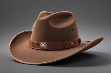 Brown leather cowboy hat with decorative band, isolated on gray background.
