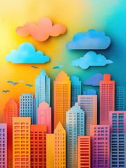 Fototapeta premium A colorful paper cutout city skyline against a vibrant sunset, featuring bright buildings and whimsical clouds.
