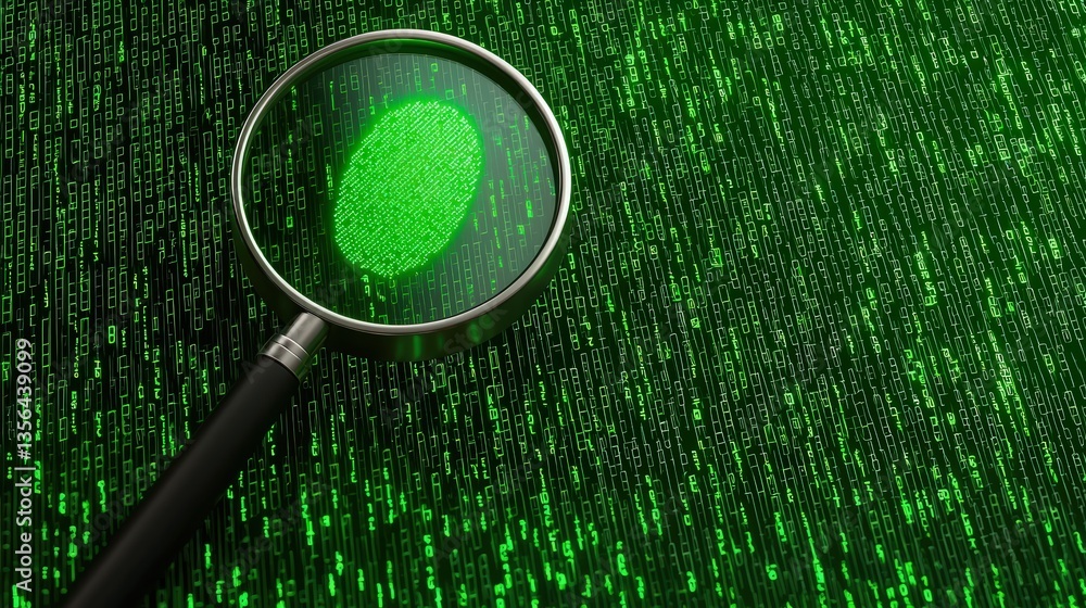 Poster a magnifying glass highlights a green fingerprint on a background of binary code, symbolizing digita