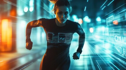 Futuristic sprint, augmented athlete powering through virtual cityscape