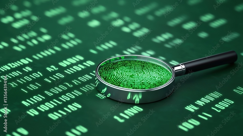 Poster a magnifying glass reveals a green fingerprint against a background of binary code, symbolizing data