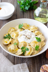 Homemade Russian dumplings. Pelmeni. Traditional Russian Food.