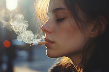 woman with cigarette exhaling smoke, captured in soft light, creating serene atmosphere. image evokes sense of calm and contemplation