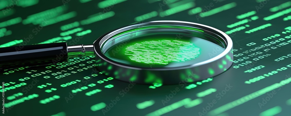Poster a magnifying glass over green digital code, highlighting a circular pattern, symbolizing data analys