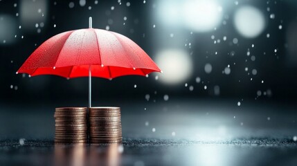 A small red umbrella provides protection over a stack of coins, symbolizing financial security and privacy during uncertain and rainy conditions. The scene evokes themes of safeguarding assets.