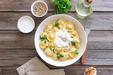 Homemade Russian dumplings. Pelmeni. Traditional Russian Food.
