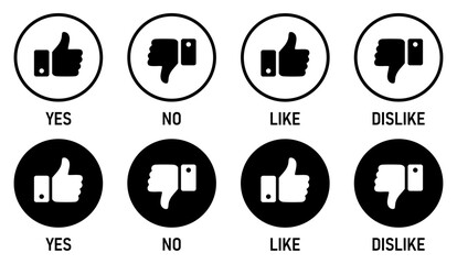 Thumbs up, thumbs down, yes, no, Like, dislike, icons set. Thumb-up thumb-down icons collection isolated. Silhouette and outlie design. Vector illustration. © Munnacreativehub