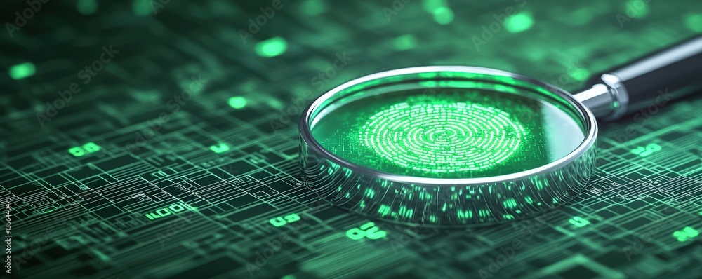 Poster a magnifying glass focuses on a digital fingerprint pattern, set against a backdrop of green binary 