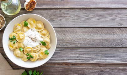 Homemade Russian dumplings. Pelmeni. Traditional Russian Food.