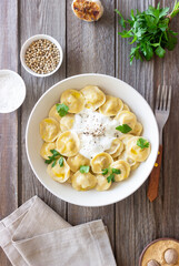 Homemade Russian dumplings. Pelmeni. Traditional Russian Food.