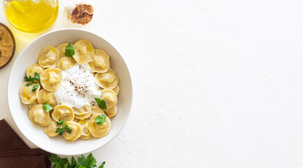 Homemade Russian dumplings. Pelmeni. Traditional Russian Food.