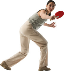 Woman dressed formalwear holding red ping-pong paddle ready to play, portraying confidence and...