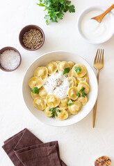 Homemade Russian dumplings. Pelmeni. Traditional Russian Food.