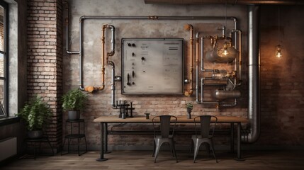 Industrial Chic Dining Room Interior with Exposed Piping and Brick Walls