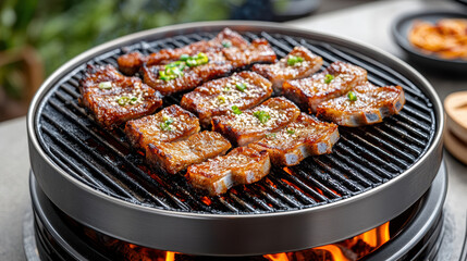Grilled meat sizzling on BBQ grill, showcasing delicious Korean BBQ with smoky aroma
