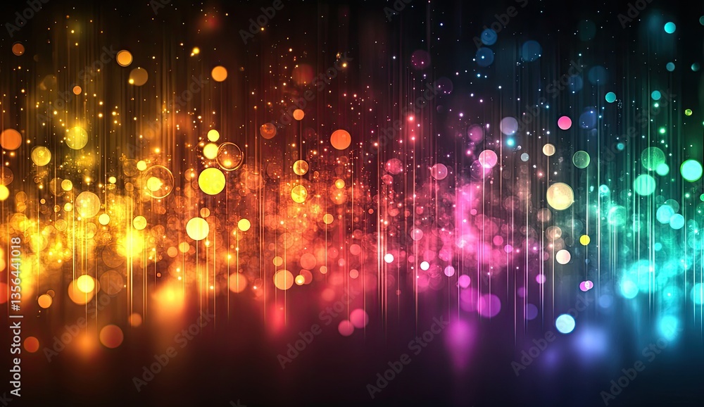 Poster vibrant, multicolored lights with bokeh effect. abstract digital design with glowing particles and s