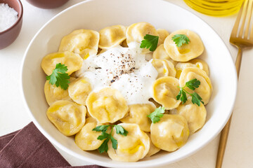 Homemade Russian dumplings. Pelmeni. Traditional Russian Food.