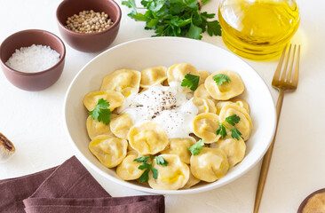 Homemade Russian dumplings. Pelmeni. Traditional Russian Food.