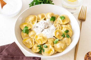 Homemade Russian dumplings. Pelmeni. Traditional Russian Food.