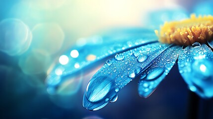 Dew drops on a vibrant blue flower petal.