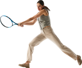 Woman in grey vest and beige pants mid-swing with tennis racket, symbolizing efficiency in executing business strategies against transparent background. Concept of business agility, leadership.
