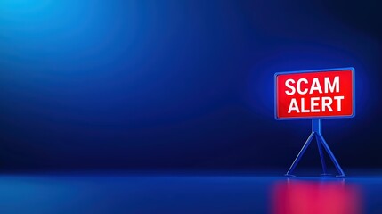 A bright red "SCAM ALERT" sign is displayed on a stand against a blue background, emphasizing the warning message in a bold and noticeable manner , Identity Theft Prevention.