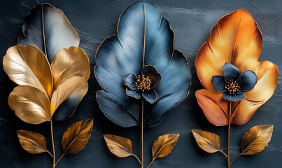 Floral Abstract Gold, Bronze, Blue Flowers & Leaves on Textured Deep Blue Background