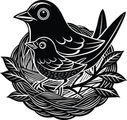 Mother Bird Nesting with Baby Chick
