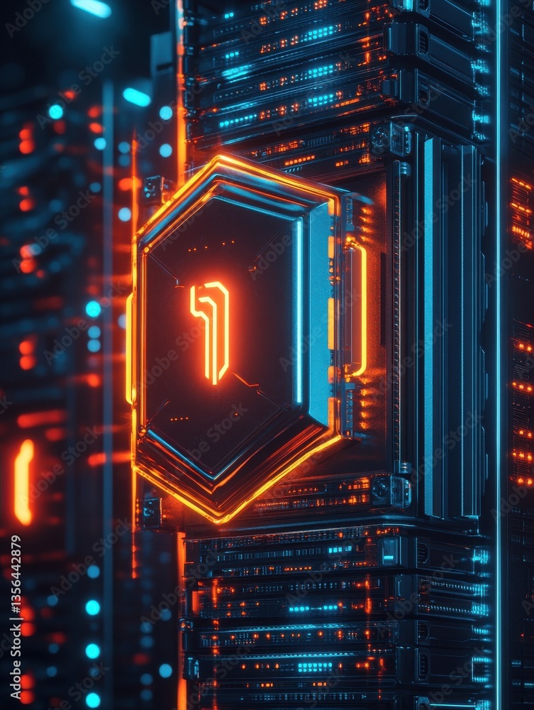 Poster digital server stack with glowing security shield, representing data protection and cybersecurity te
