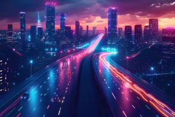 Fototapeta premium Aerial view of a city at night with a highway network and traffic lights. Concept for urban development, transport system or business center plan. Blurred motion. Abstract background