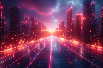 Aerial view of a city at night with a highway network and traffic lights. Concept for urban development, transport system or business center plan. Blurred motion. Abstract background