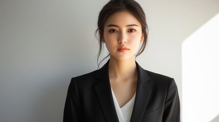 Confident Professional Portrait: A poised and confident business woman looks directly at the camera. This photo focuses on strength and modern workplace.