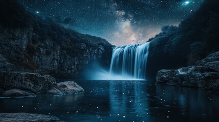 Celestial cascade under the starlit canvas, a serene nightscape view