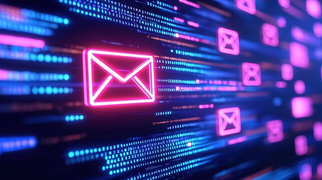 A vibrant digital illustration of email icons with glowing effects, symbolizing communication and technology in a futuristic setting , Identity Theft Prevention.