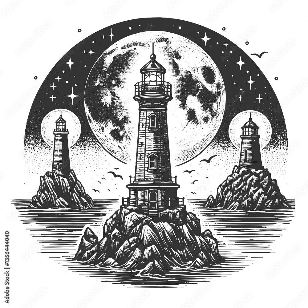 Poster tall lighthouse standing on ocean waves with a massive, cratered moon in the background sketch engra