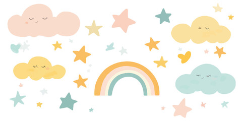 Obraz premium Vector flat pastel-colored clouds, rainbows, and stars set against a white background.
