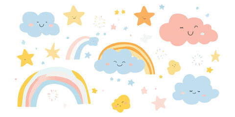 Vector flat pastel-colored clouds, rainbows, and stars set against a white background.