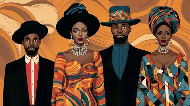Group of stylized afro american men and women in elegant cultural clothing standing in front of abstract backdrop. Concept of unity and afrocentric pride