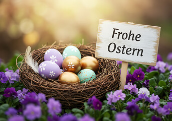 A charming nest of Easter eggs amidst blooming purple pansies with a 'Frohe Ostern' sign.