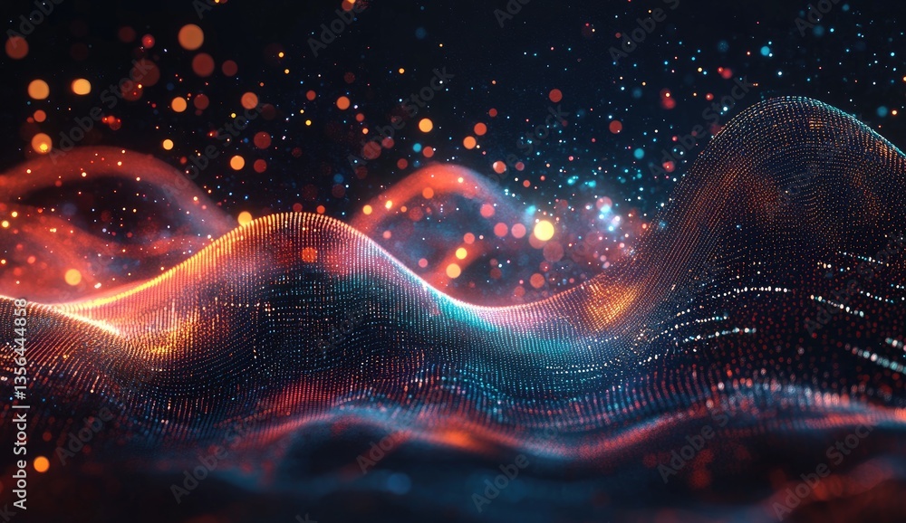 Poster abstract digital wave, glowing particles, vibrant colors. dynamic, futuristic design with intricate 