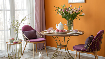 Cozy Dining Room with Spring Flowers and Tea Set Decor