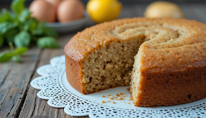Fototapeta premium Homemade Soft Sponge Cake with Rustic Background - Freshly Baked Dessert