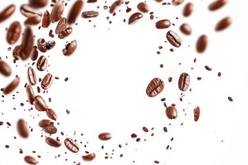 Coffee beans swirling in a circular motion isolated against a clean white background creating space
