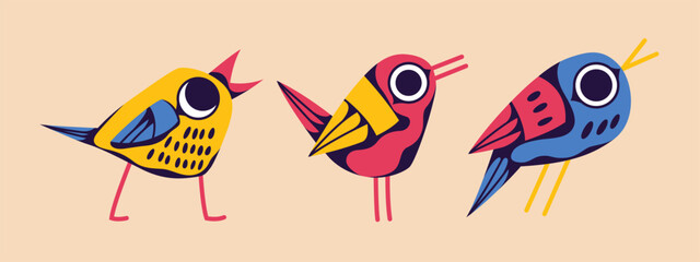 Yellow, pink and blue birds on a beige background. Vector set. Illustration
