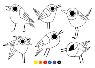 Birds page for kids. Coloring book for children. Vector outline illustration. Color by numbers.  