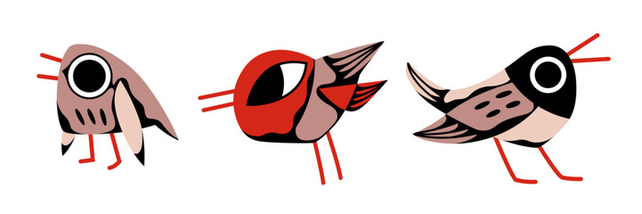 Set of vector birds in nude, red and black tones. Nature Illustration with cute animals
